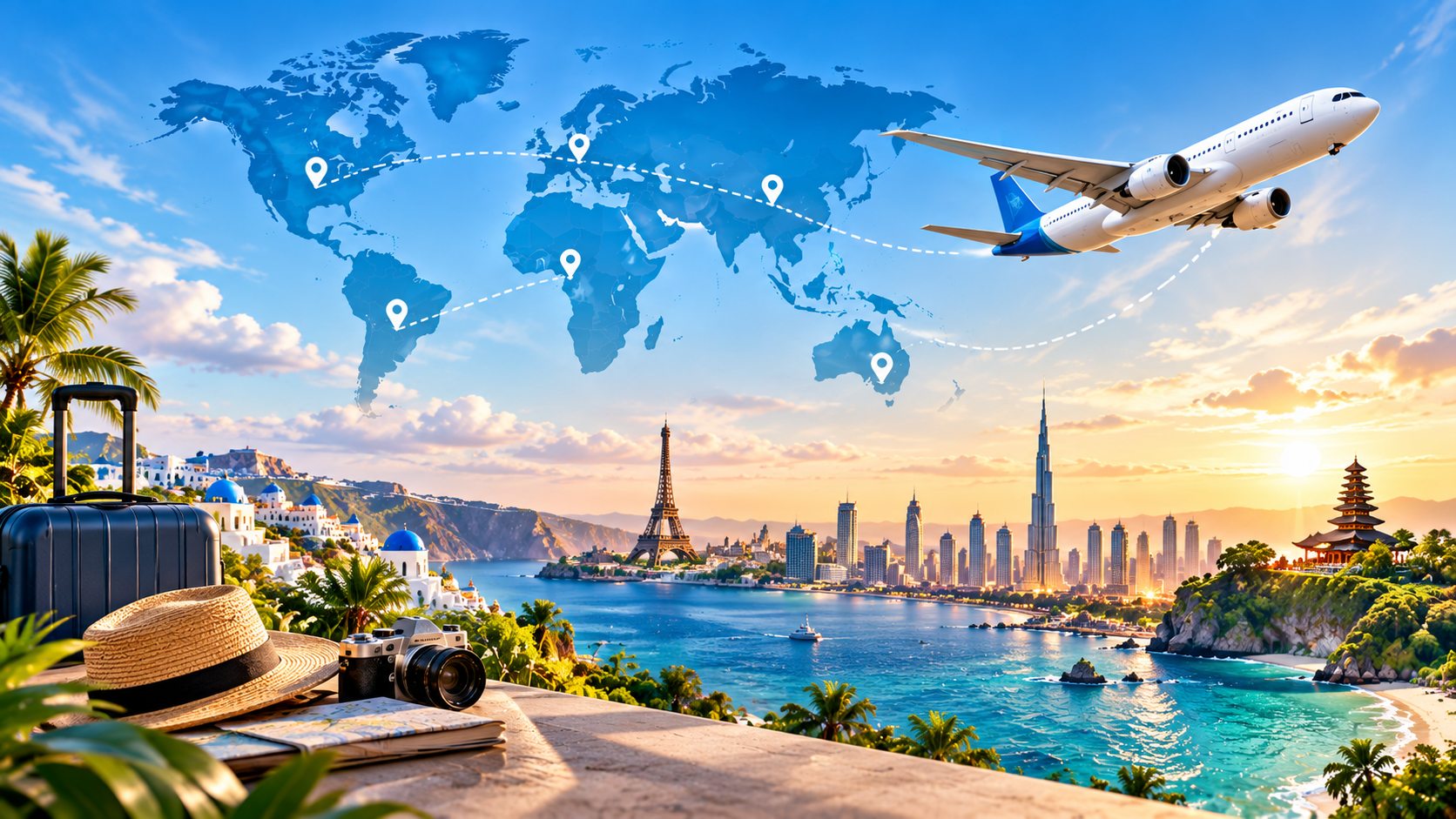 Air travel routes connecting destinations around the world